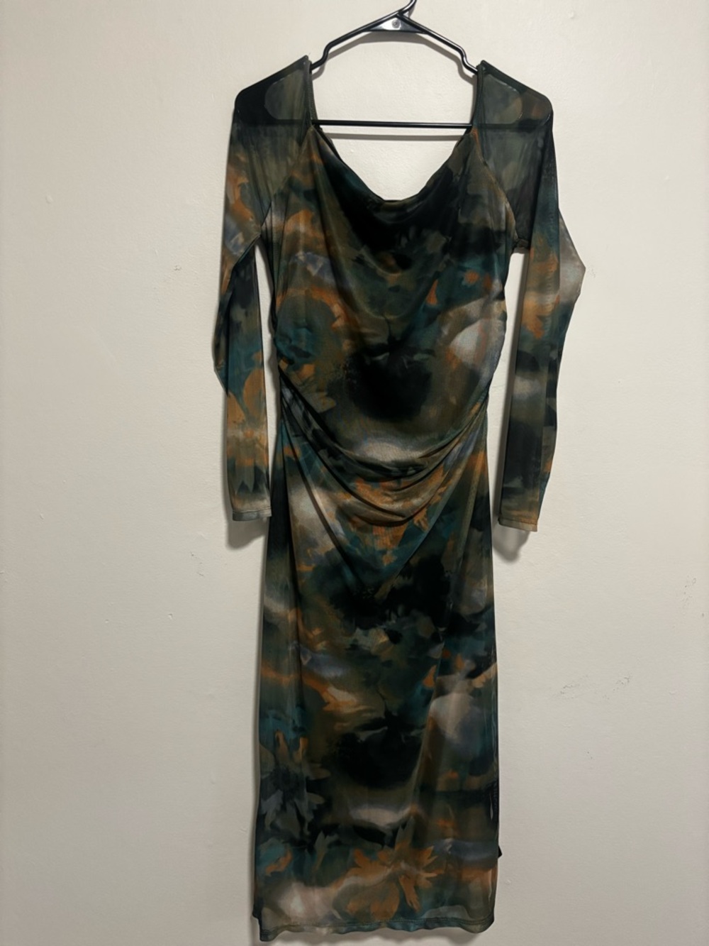 Worn once Women’s Long Sleeve Sheer Cowl Neck Dress in Multi-Color